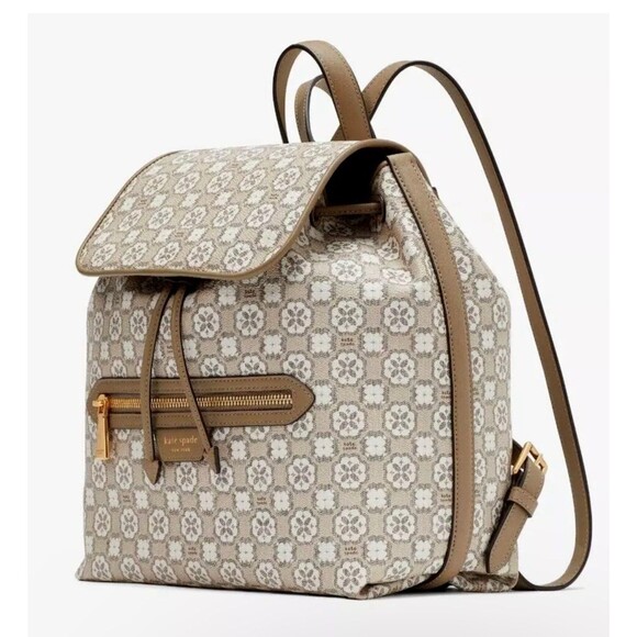 New Kate Spade Flower Monogram Coated Canvas Medium Backpack Natural - Picture 3 of 5